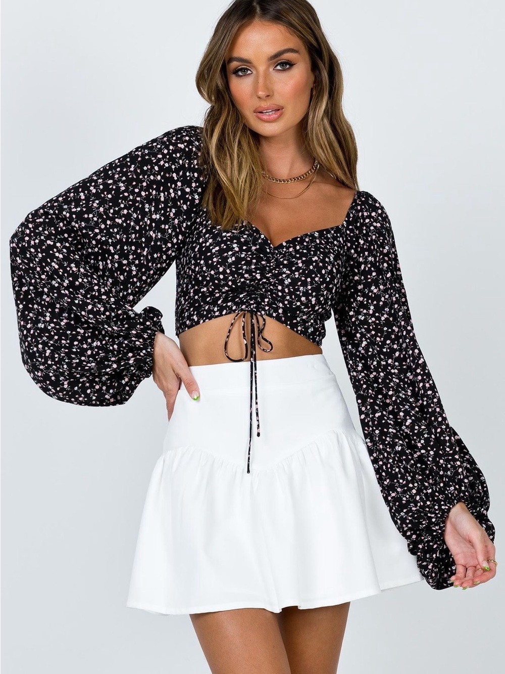 Princess Polly Floral Maple Long Balloon Sleeve Crop Top